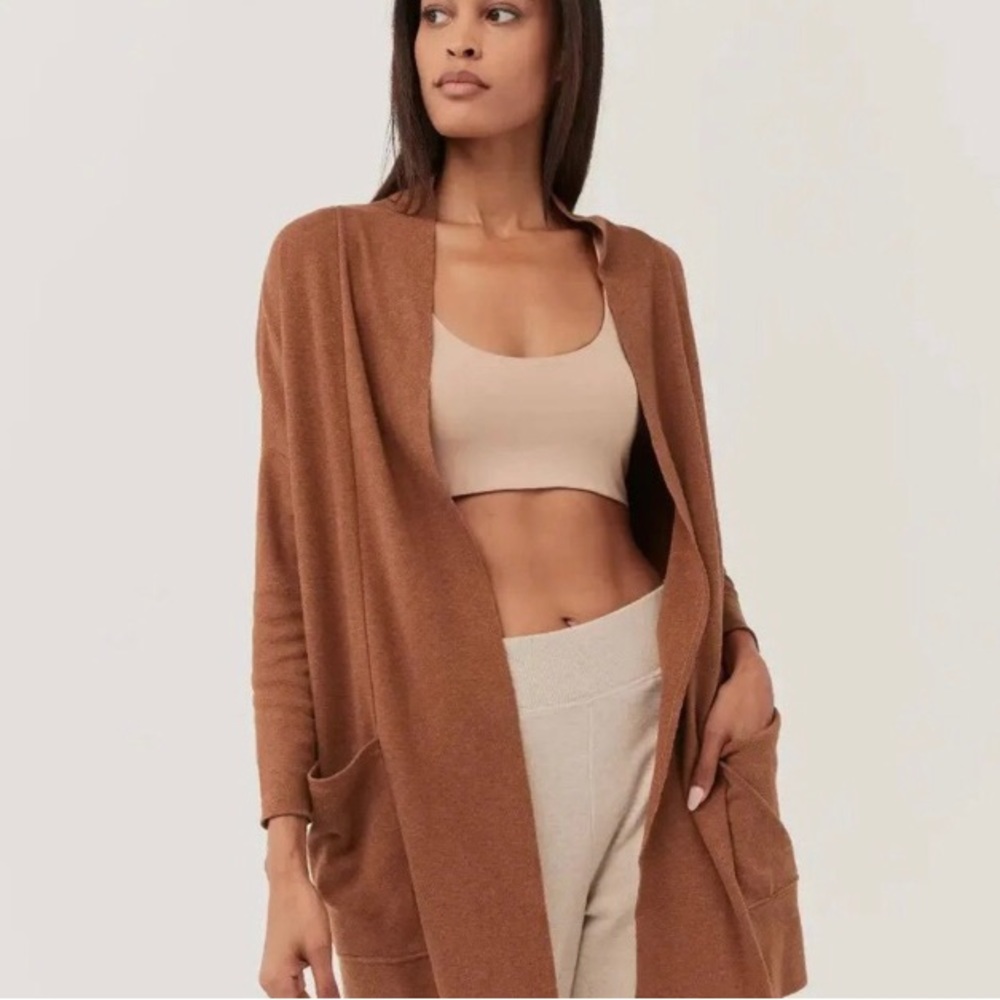PACT Women’s Airplane Organic Cotton Open Front Cardigan in Saddle Heather M/L